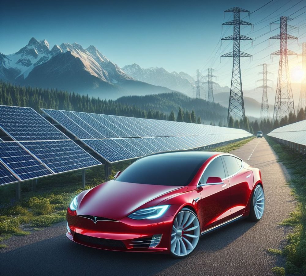 red tesla with solar pv